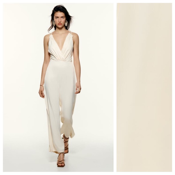 Zara Pants - NWT. Zara Cream Crossover Satin Effect Jumpsuit. Size L.